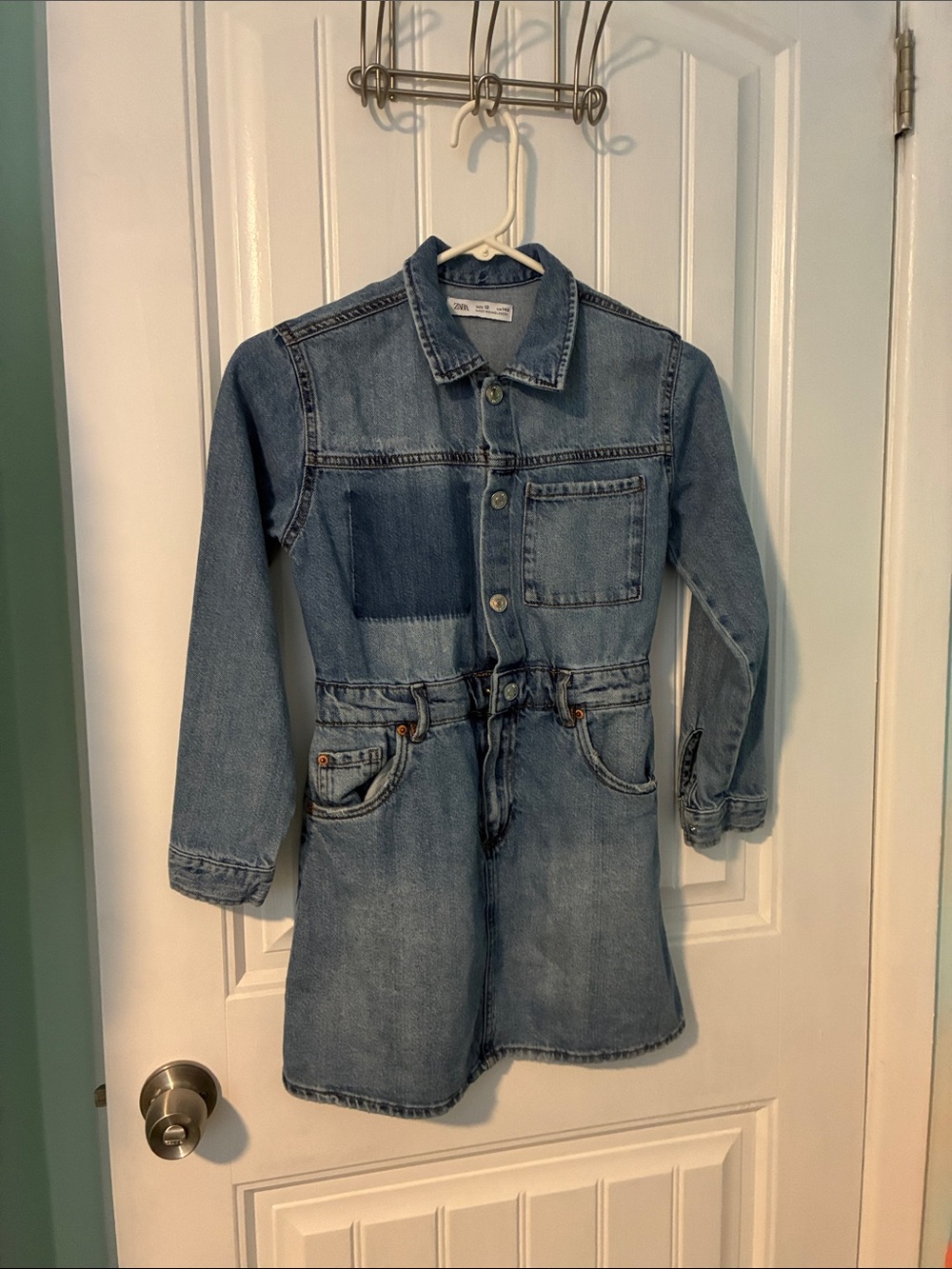 Zara Light Blue Denim Contrast girls pocket dress